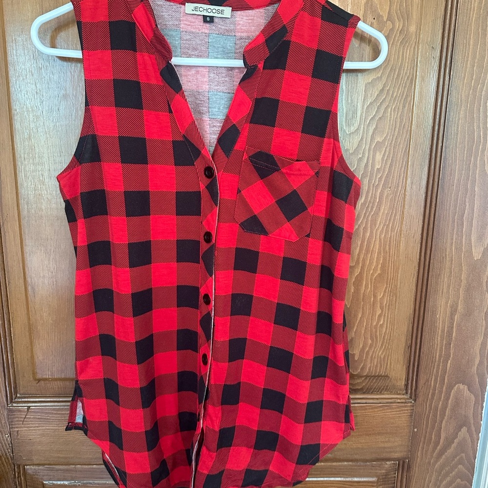 Red and Black Buffalo Plaid Sleeveless Button-Down Shirt